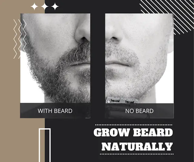 Image Showing a Differenciating image of a male with and without beard, with text below highlighted, 'Grow Beard Naturally'