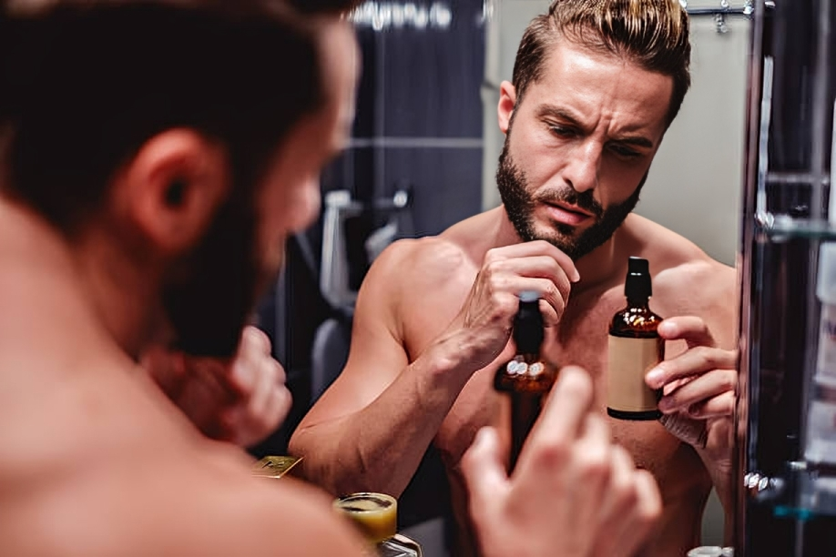 Man showcasing his well-groomed beard while holding up a bottle of beard wash.
